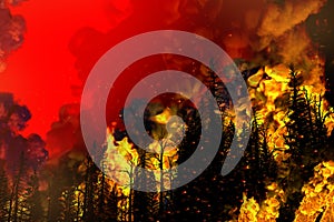 Forest fire fight concept, natural disaster - heavy fire in the woods on red background - 3D illustration of nature