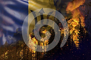 Forest fire fight concept, natural disaster - infernal fire in the woods on Barbados flag background - 3D illustration of nature
