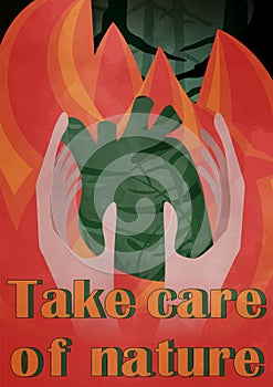 Forest fire fighting, nature protection and wildfire prevention poster. Vector natural disaster fire burning trees in
