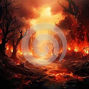 Forest Fire, fire in forest landscape damage, nature ecology disaster, hot burning trees, danger forest fire flame with Made