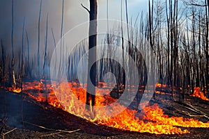 Forest fire. Forest fire in progress. Wildfire. Large flames of forest fire. Incendio forestal. Canada photo