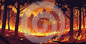 Forest fire illustration. Natural disaster, wild flame destroys nature. Fires spreads, trees and dry grass burn, vector
