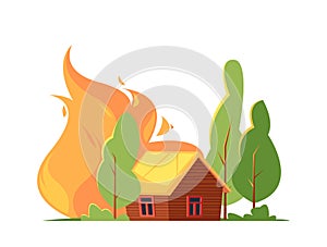 Forest Fire Natural Disaster With Burning Trees And Wooden House. Extreme Insurance Situation, Destruction, Accident