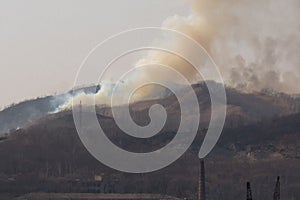 Forest fire near the city and train with fuel tanks