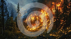 Forest fire peril Flames engulf wooded area threatening ecosystem. Generated AI