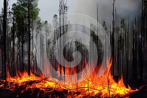 Forest fire. Forest fire in progress. Wildfire. Large flames of forest fire. Incendio forestal. Canada photo