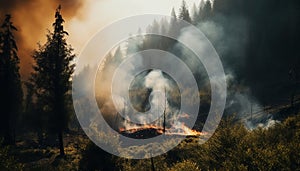 Forest fire rages, smoke fills sky, nature destruction evident generated by AI