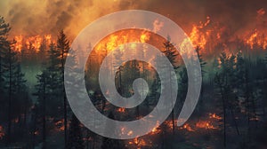 A forest fire is raging in a wooded area. The trees are blackened and charred, and the sky is covered with smoke. An environmental