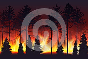 Forest fire realistic silhouette landscape vector illustration.