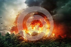 Forest fire with smoke and flames on dark sky background. Natural disaster, Forest fire natural disaster concept, burning fire in