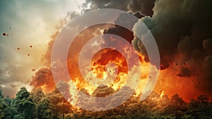 Forest fire with smoke and flames on dark sky background. Natural disaster, Forest fire natural disaster concept, burning fire in