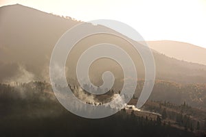 Forest fire smoke on the slopes hills