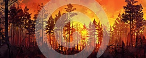 Forest fire at sunset, dramatic landscape. Environmental disaster concept