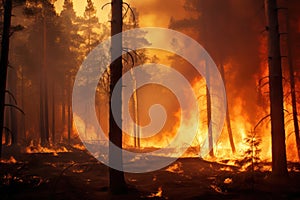 Forest fire, trees in flames and smoke. Generative AI