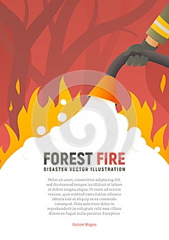 Forest fire vector placard. Fire safety illustration. Precautions the use of fire poster template. A firefighter fights photo