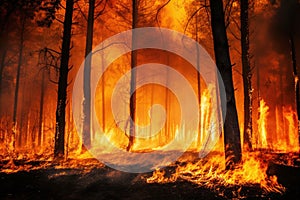 Forest fire or wildfire with burning trees close-up. Generative AI.