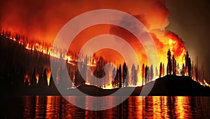 Forest fire or wildfire with burning trees on mountains near coast