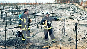 Forest fire zone with two firemen talking
