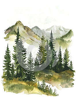 Forest firs landscape Watercolor painting of a spruce forest on white background isolated