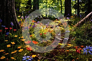 forest floor carpeted with colorful wildflowers