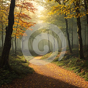 Forest floor of colorful green, brown, yellow, golden leaves. Dark atmospheric landscape. Autumn colors. Nature,