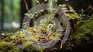 The forest floor is graced by a tiny birdhouse. photo