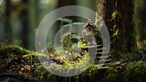 The forest floor is graced by a tiny birdhouse.