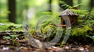 The forest floor is graced by a tiny birdhouse. photo