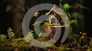 The forest floor is graced by a tiny birdhouse. photo