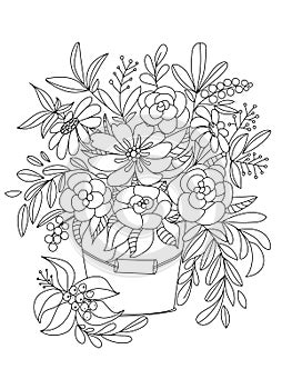 Forest flowers, leaves and berries. Beautiful bouquet. Vector coloring book for adults and children. Hand drawn illustration. Flor