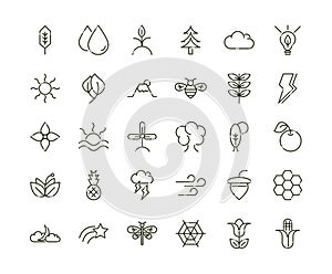 Forest foliage ecology nature line design icons set