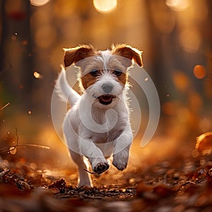 Forest frolic Jack Russell terrier puppy in spirited autumn play