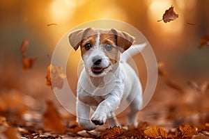 Forest frolic Jack Russell terrier puppy in spirited autumn play