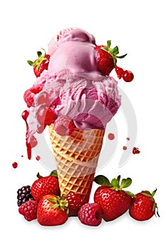 Forest fruit ice cream in an ice cream cone with fresh fruit and fruit sauce, isolated, Generative AI