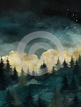 Forest Full Moon Sky Illustration Gloomy Lights Evening Evergree
