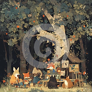 The Forest Gallery: A Quaint Gathering of Creatures and Art