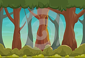 Forest game background. Cartoon woodland landscape scene