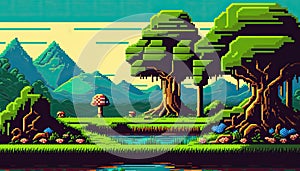 Forest game background in pixel art style