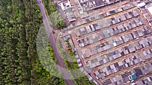 Forest, garages and parking from top view, aerophoto