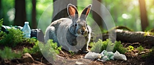 Forest garbage, hare looking for a garbage, environmental pollution, ecology concept