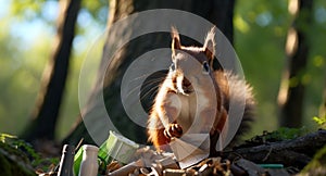 Forest garbage, squirrel looking for food in the garbage, environmental pollution, ecology concept