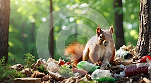 Forest garbage, squirrel looking for food in the garbage, environmental pollution, ecology concept