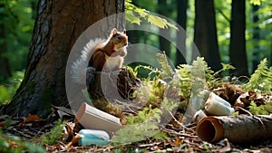 Forest garbage, squirrel looking for food in the garbage, environmental pollution, ecology concept