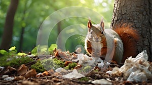 Forest garbage, squirrel looking for food in the garbage, environmental pollution, ecology concept