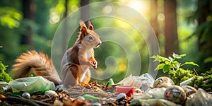 Forest garbage, squirrel looking for food in the garbage, environmental pollution, ecology concept