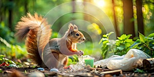 Forest garbage, squirrel looking for food in the garbage, environmental pollution, ecology concept