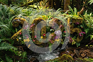 Forest glade with 2025 in moss and ferns, surrounded by wildflowers and a gentle stream