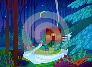 Forest glade with house at night