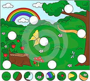 Forest glade with a stub, strawberries, butterfly, trees, rainbow and flowers. Complete the puzzle and find the missing parts photo
