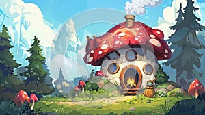 In a forest glade there is a mushroom house made from gnomes. Modern cartoon illustration of fairytale scenery, a small